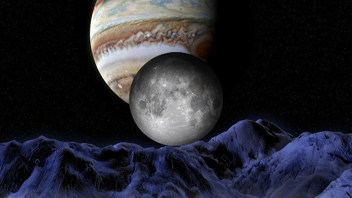 An illustration of the process by which the planet Jupiter affects the formation of the Earth's moon.