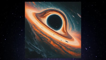 A swirling disc of gas and dust surrounds a dark, invisible point, representing the Milky Way's most massive stellar black hole. Stars glitter in the background.